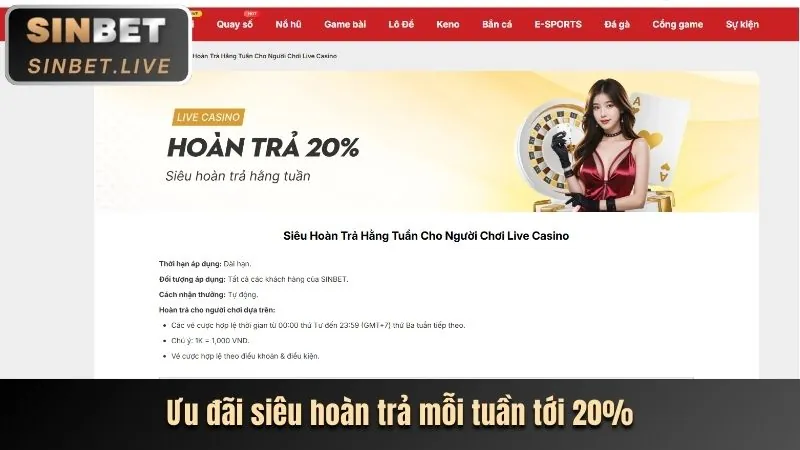 Thưởng nạp lại hàng tuần 20% cho slot game
